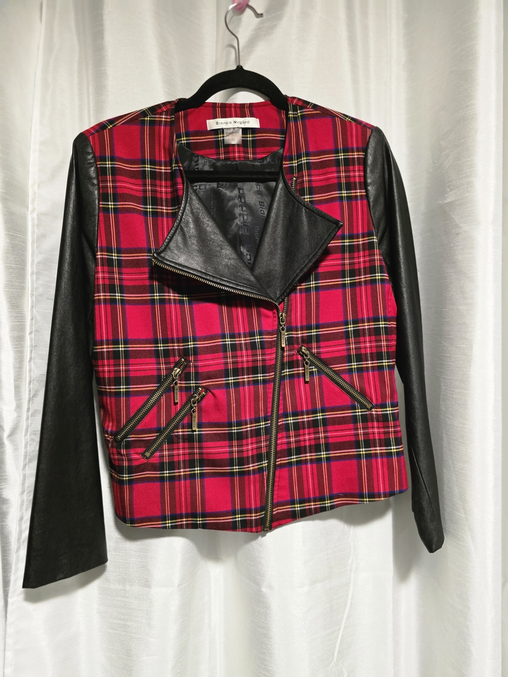 Red Plaid Faux Leather-Sleeve Moto Jacket. Size 10
